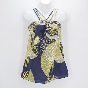 Liquid Silk Top Womens 6 Blue Yellow Abstract Art Festival Boho Tank